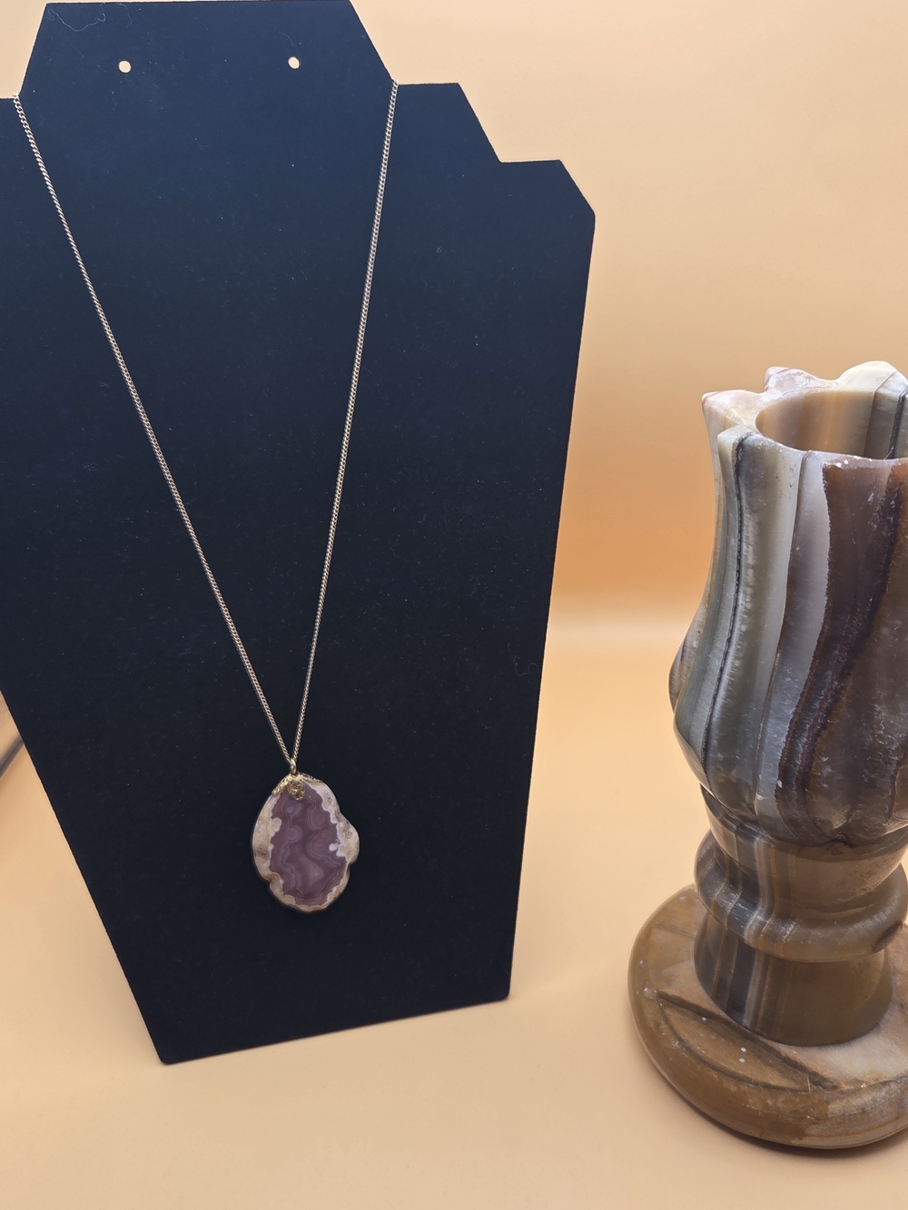 Vintage Onyx Alabaster Tulip Candle Holder & Agate Slice Pendant Necklace